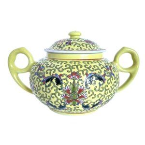 1972 Chinese Famille Juane Yellow Floral Enamel Jingdezhen China Sugar Bowl Lid